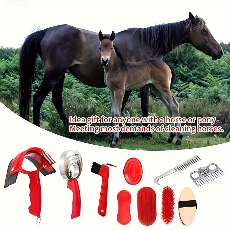 10-Piece Horse Grooming Kit PP Material Full Body Cleaning Includes Curry Comb Brushes Hoof Pick