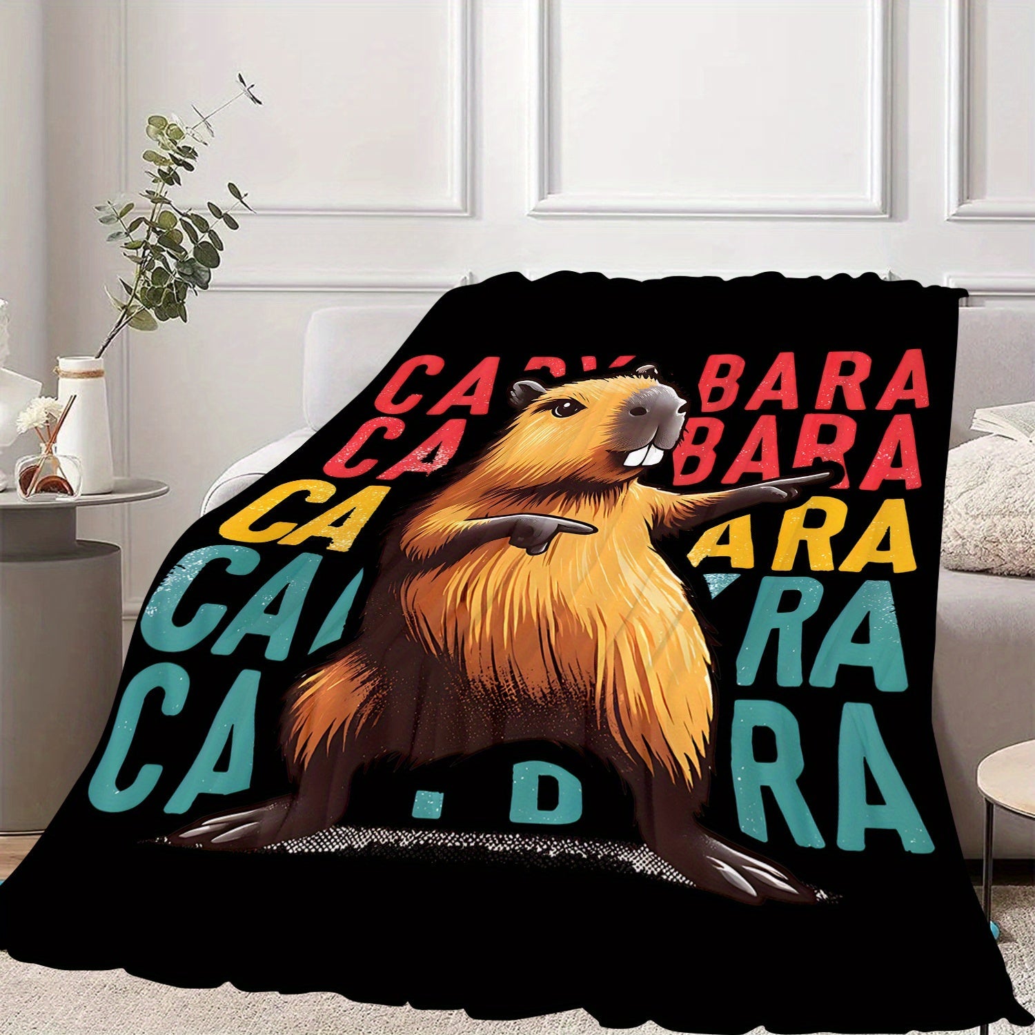 Cozy Flannel Throw Blanket with Rock Capybara Design for Kids and Adults, All-Season Plush Bed Couch Travel