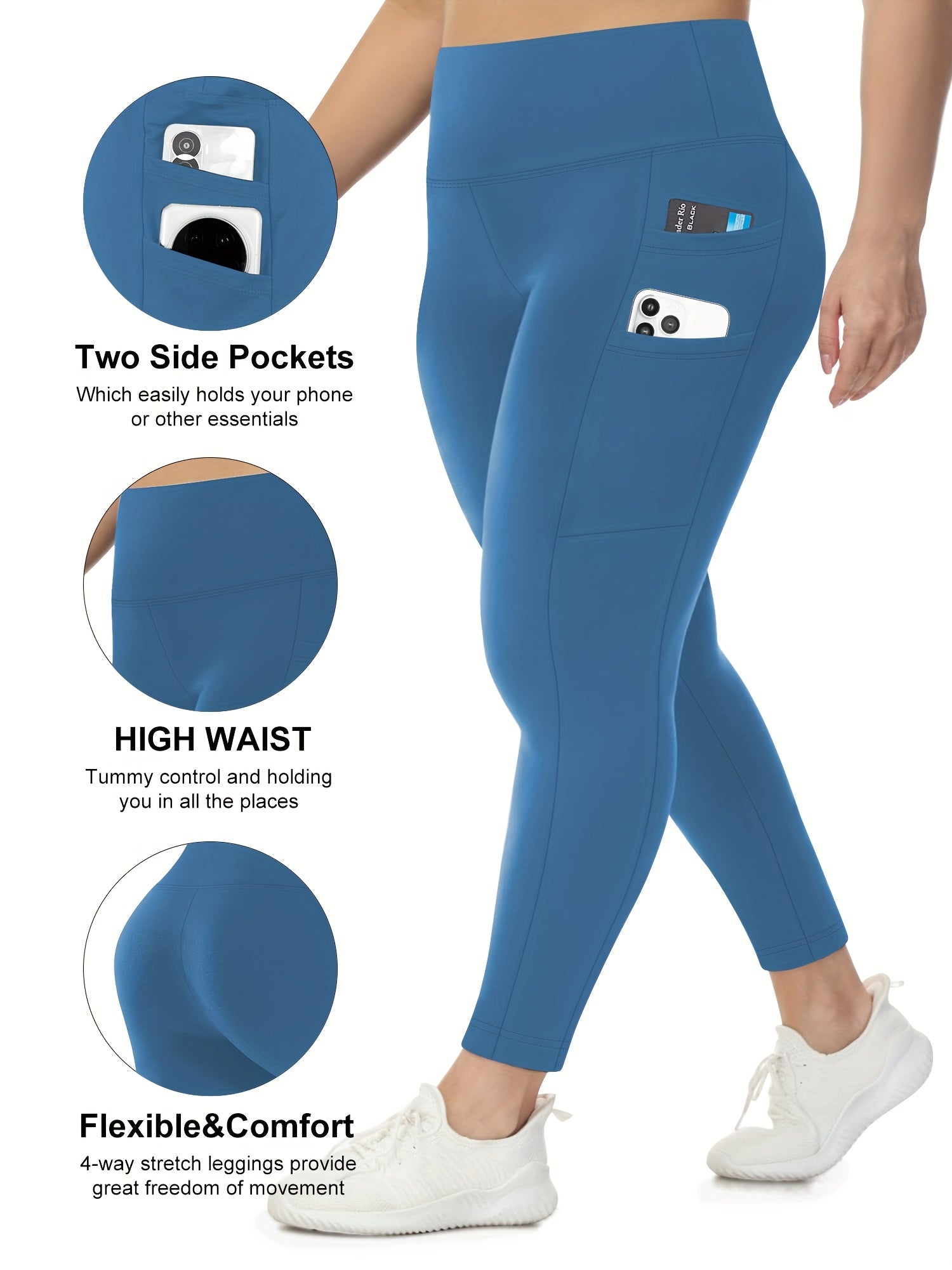 Leggings de talla grande con cintura alta y bolsillos, de poliéster elástico y elastano