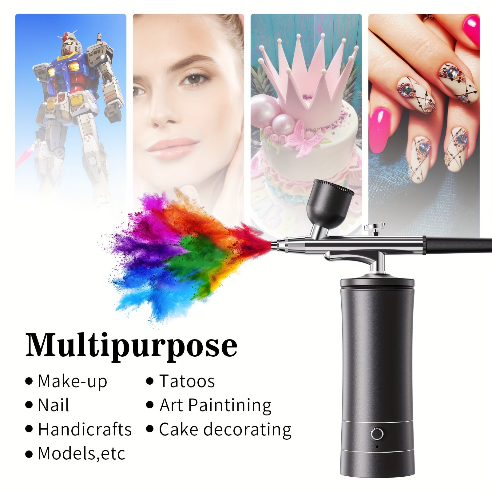 Turli ilovalar uchun portativ simsiz havo cho'tkasi to'plami, masalan, tirnoq san'ati, tort bezatish, makiyaj va model bo'yash. USB/batareya bilan ikki tomonlama quvvat, 900mAh sig'im.