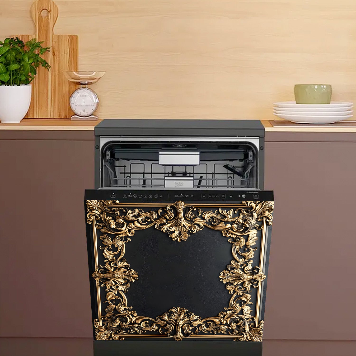 Oltin gul bezakli idish-tovoq mashinasi magnit qopqog'i, suv o'tkazmaydigan, issiqlikka chidamli metall panel dekor