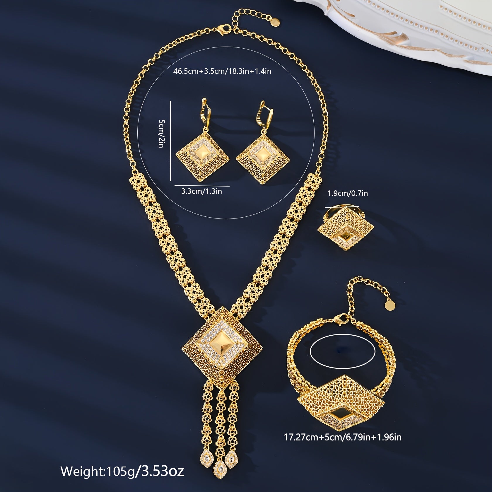 Vintage Arab uslubidagi MEIZ zargarlik to'plami, 18K oltin qoplama, sintetik zirkoniya, mis materialidan tayyorlangan, uzuk, bilaguzuk, marjon va sirg'alar kiradi, kundalik kiyish, bayramlar, Ramazon sovg'alari uchun ideal, barcha fasllar uchun mukammal.