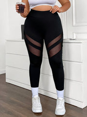 Women's Plus Size High-Waisted Mesh Panel Leggings Black White Sides Athletic Pants