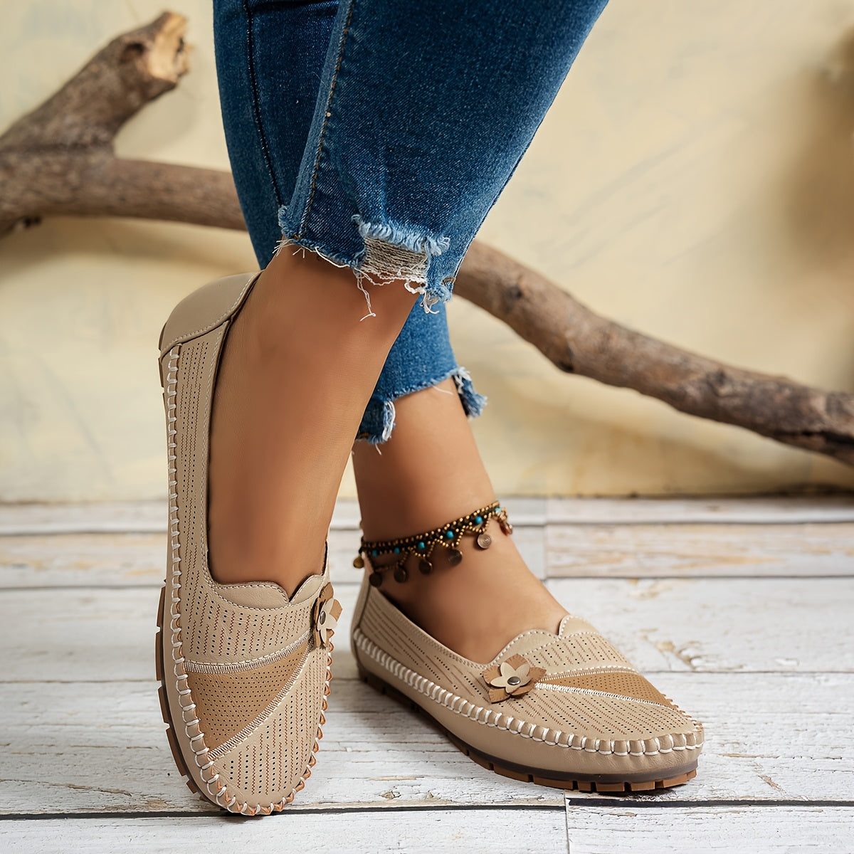 Women's Breathable Flat Shoes with Floral Embellishment and Bow in Beige