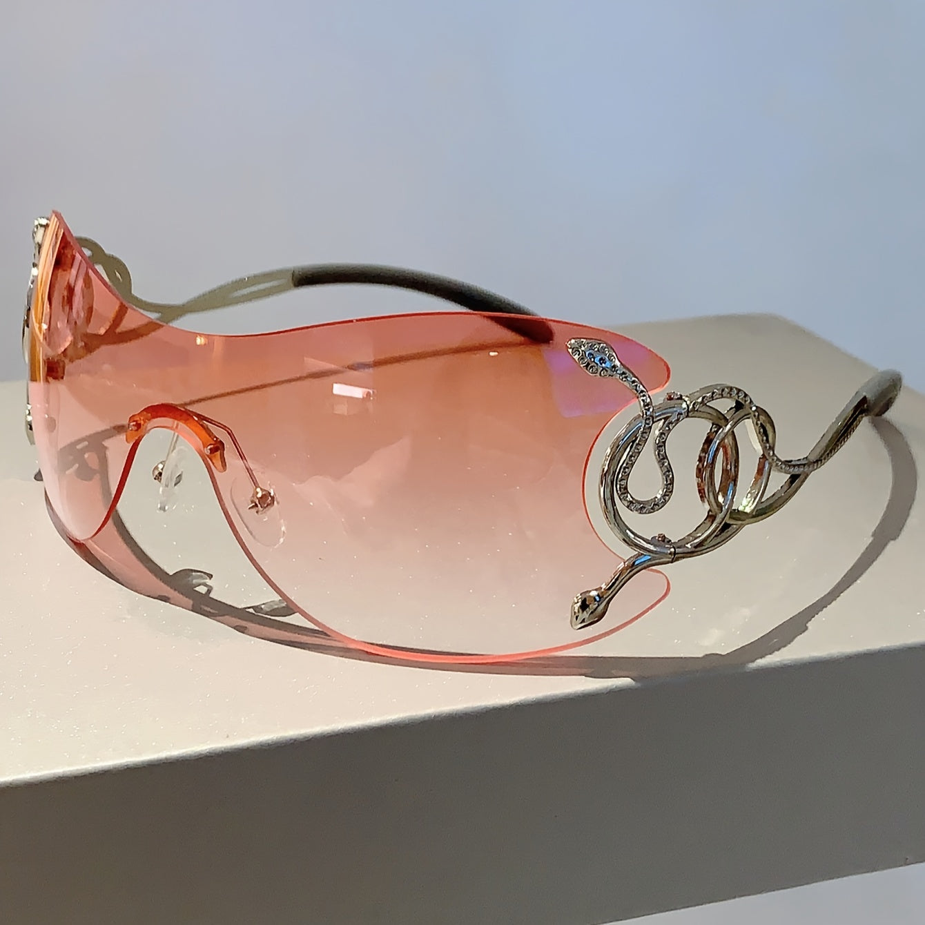 Women Y2K Style One-Piece Lens Sunglasses with Silver Snake Detail