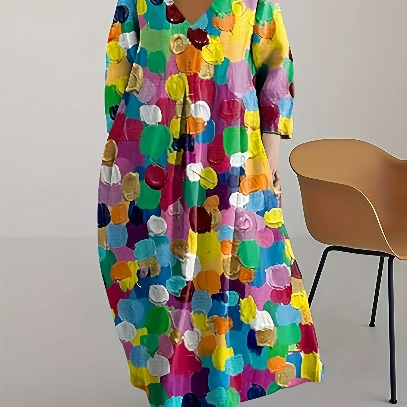 Women's Patchwork Print V-Neck Kaftan Dress with Pockets Long Sleeve Maxi for Casual and Party