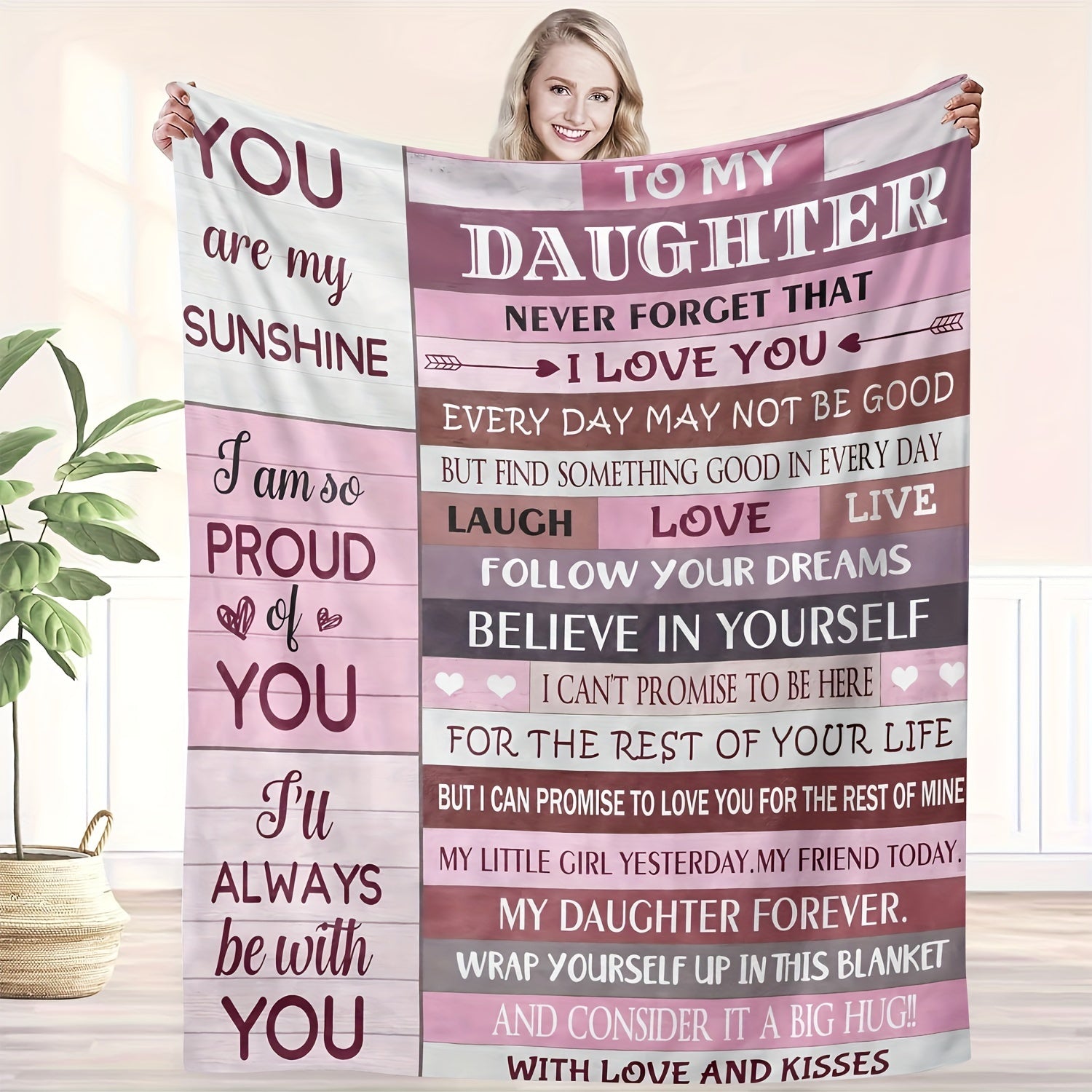 All-Season Flannel Throw Blanket with Lodge Style Design and Inspirational Message for Daughters