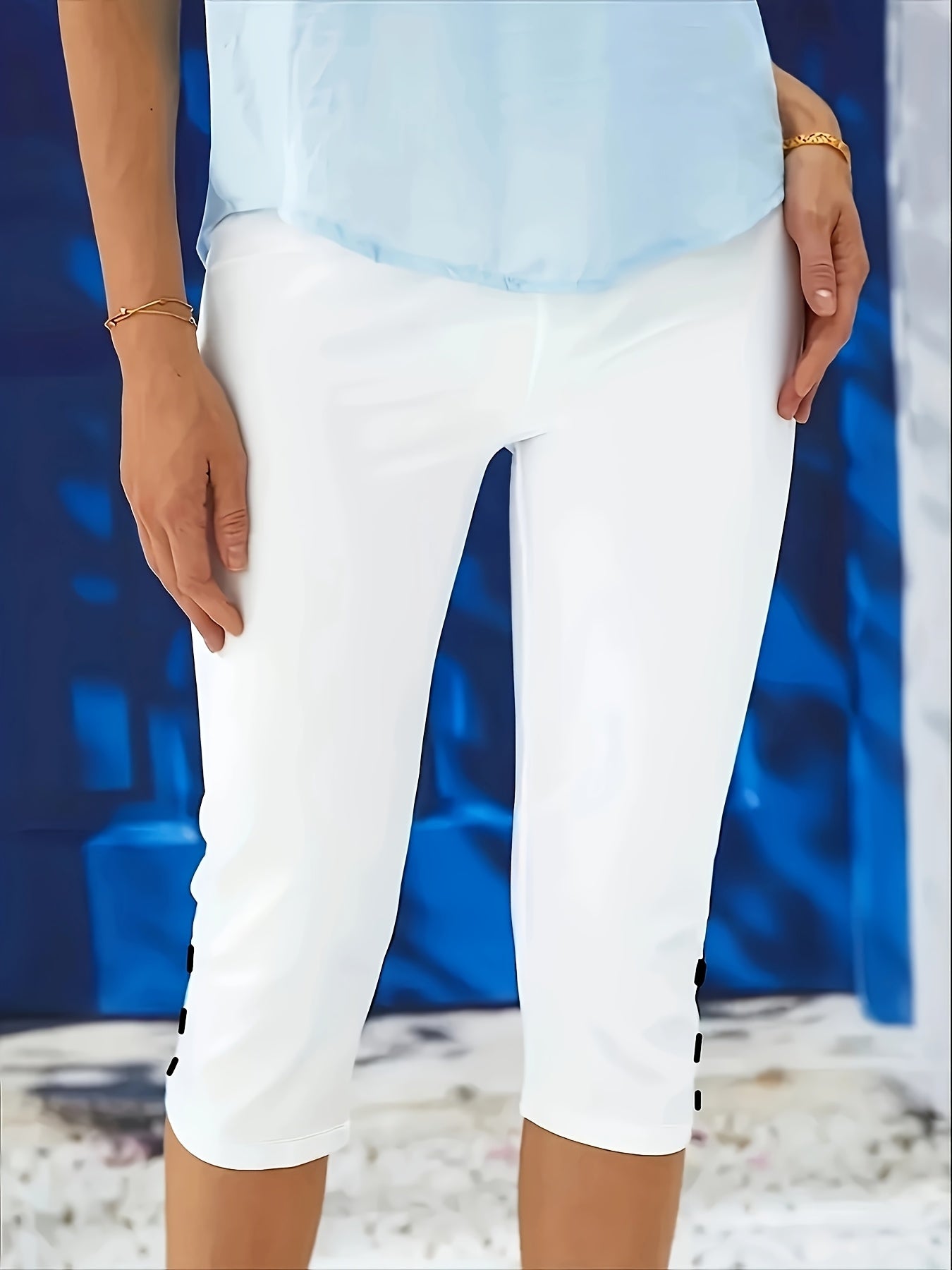 Pantalones capri elásticos de talla grande para mujer con cintura ajustable, color sólido, para todas las estaciones