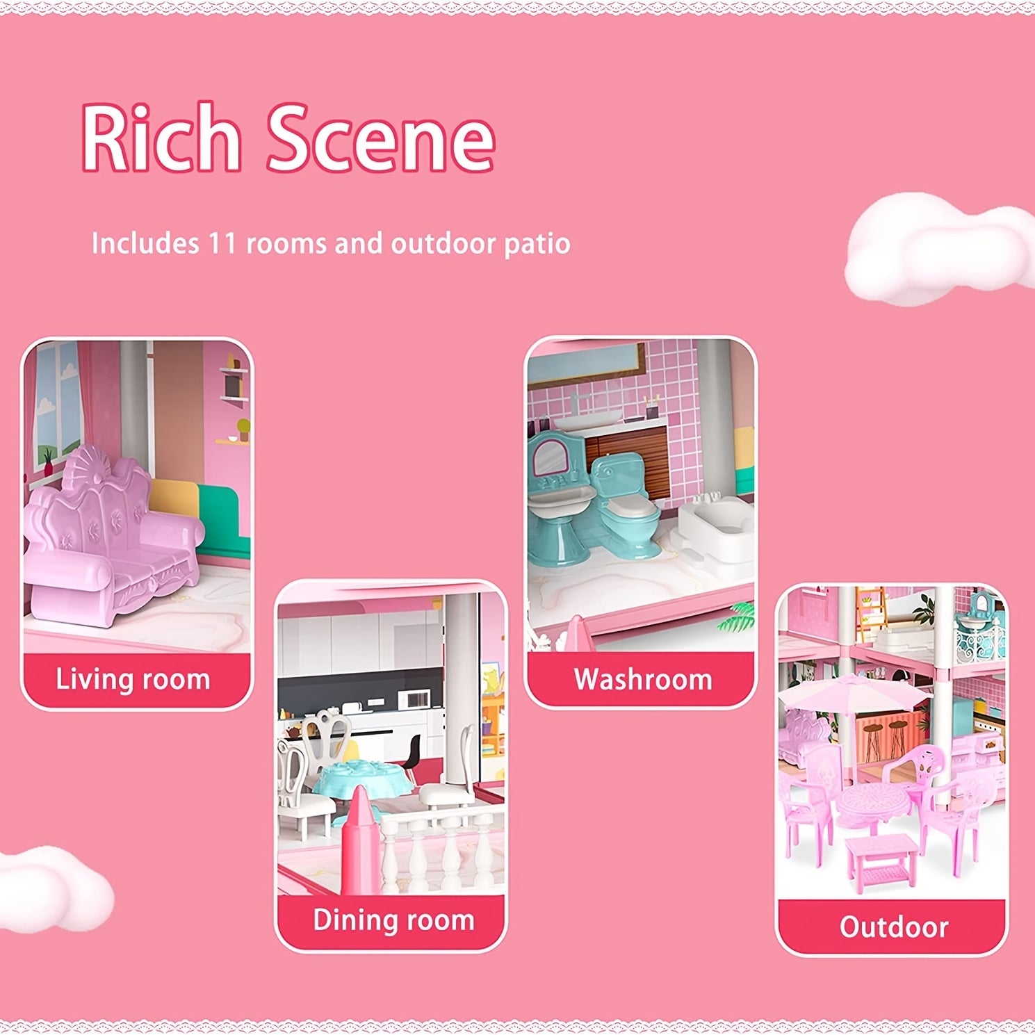 Pink Dollhouse Set for Girls Aged 5-9 with 11 Rooms and Furniture Accessories