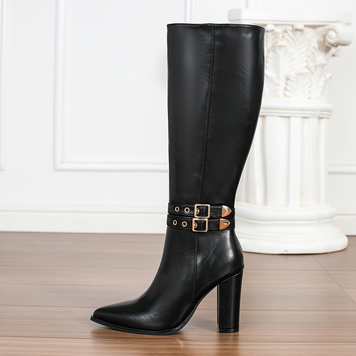 Женские сапоги из искусственной кожи до колена с заостренным носком и широким каблуком