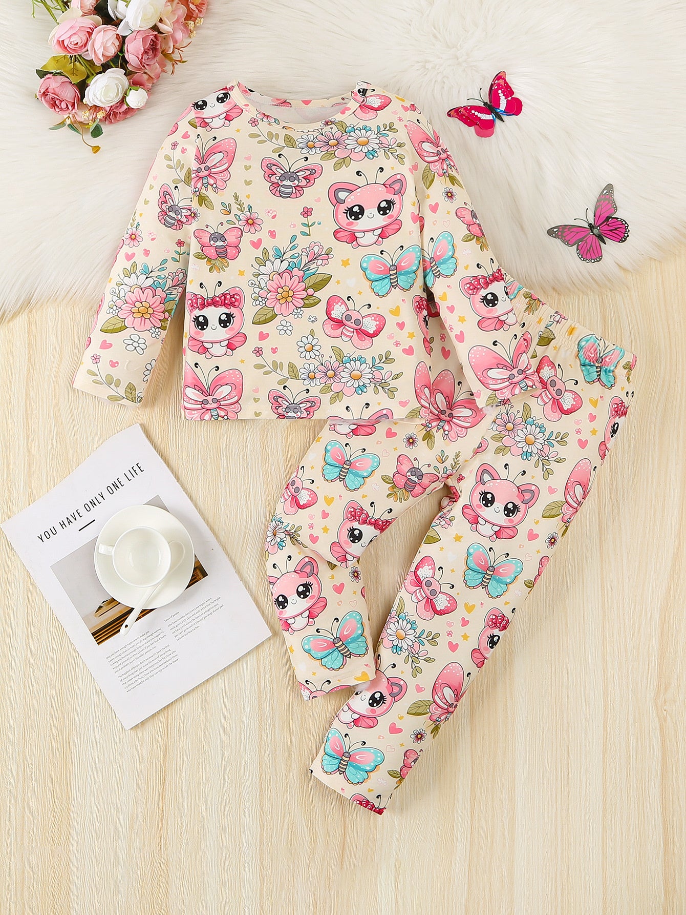 Girls' 4-Piece Pajama Set with Butterfly, Donut, Dinosaur Patterns in Polyester Blend for Kids
