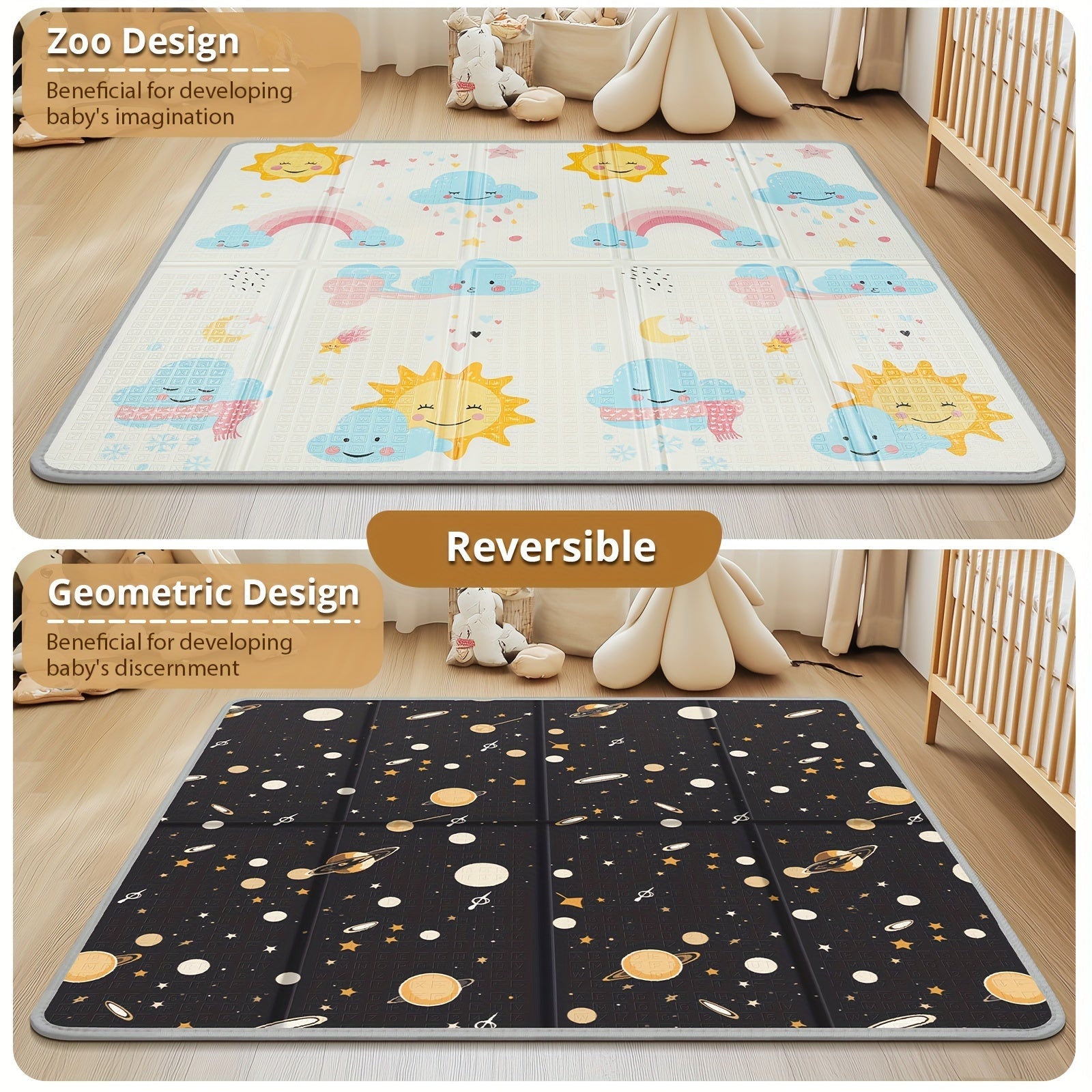 Kids Reversible Play Mat Waterproof Foam Floor Mat 127cm with Fence