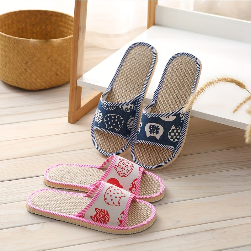 Unisex Linen Indoor Slippers Breathable EVA Sole Casual Animal Print