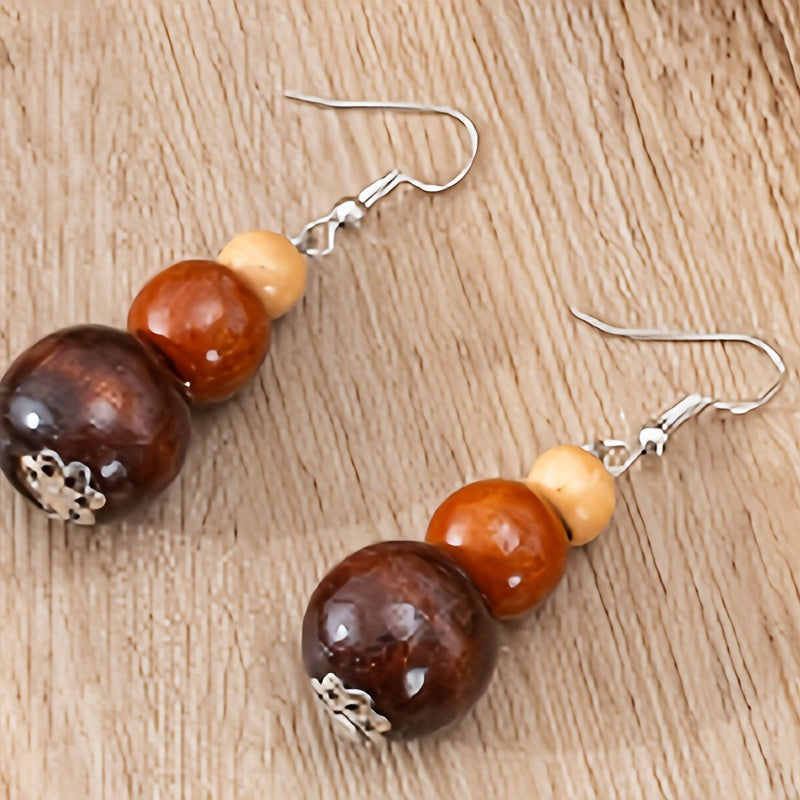 Conjunto de joyería estilo boho: pendientes, collar y pulsera de cuentas de madera para uso diario o en fiestas