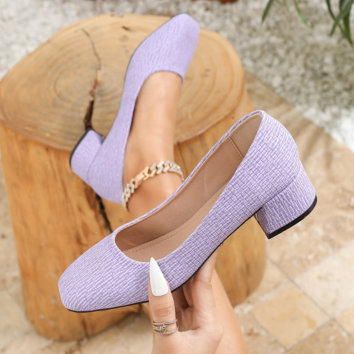 Women's Faux Leather Square Toe Mid Heel Pumps All-Season Dress Shoes Lavender Yellow