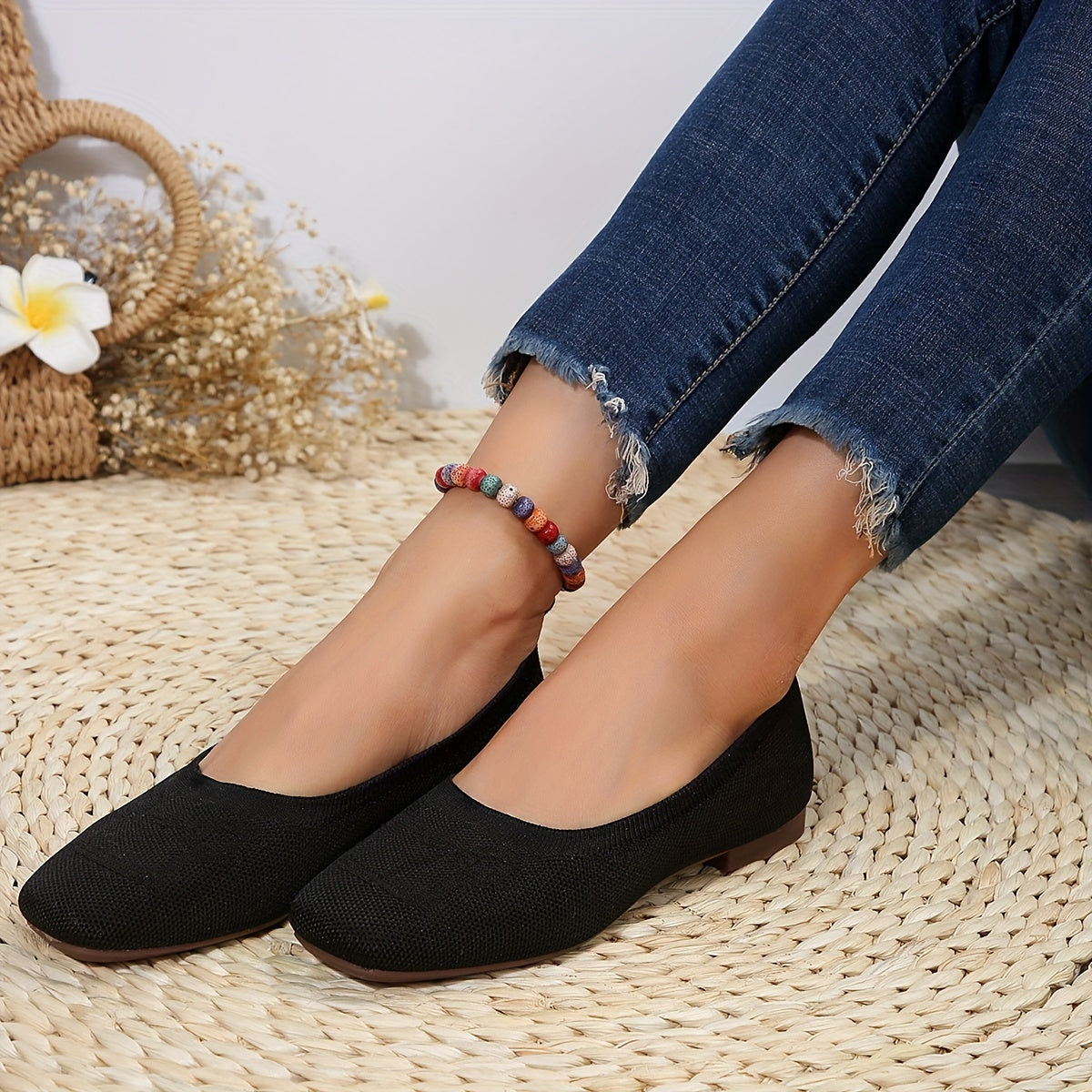 Women's Knitted Flat Shoes Breathable Slip-On Ballet Flats