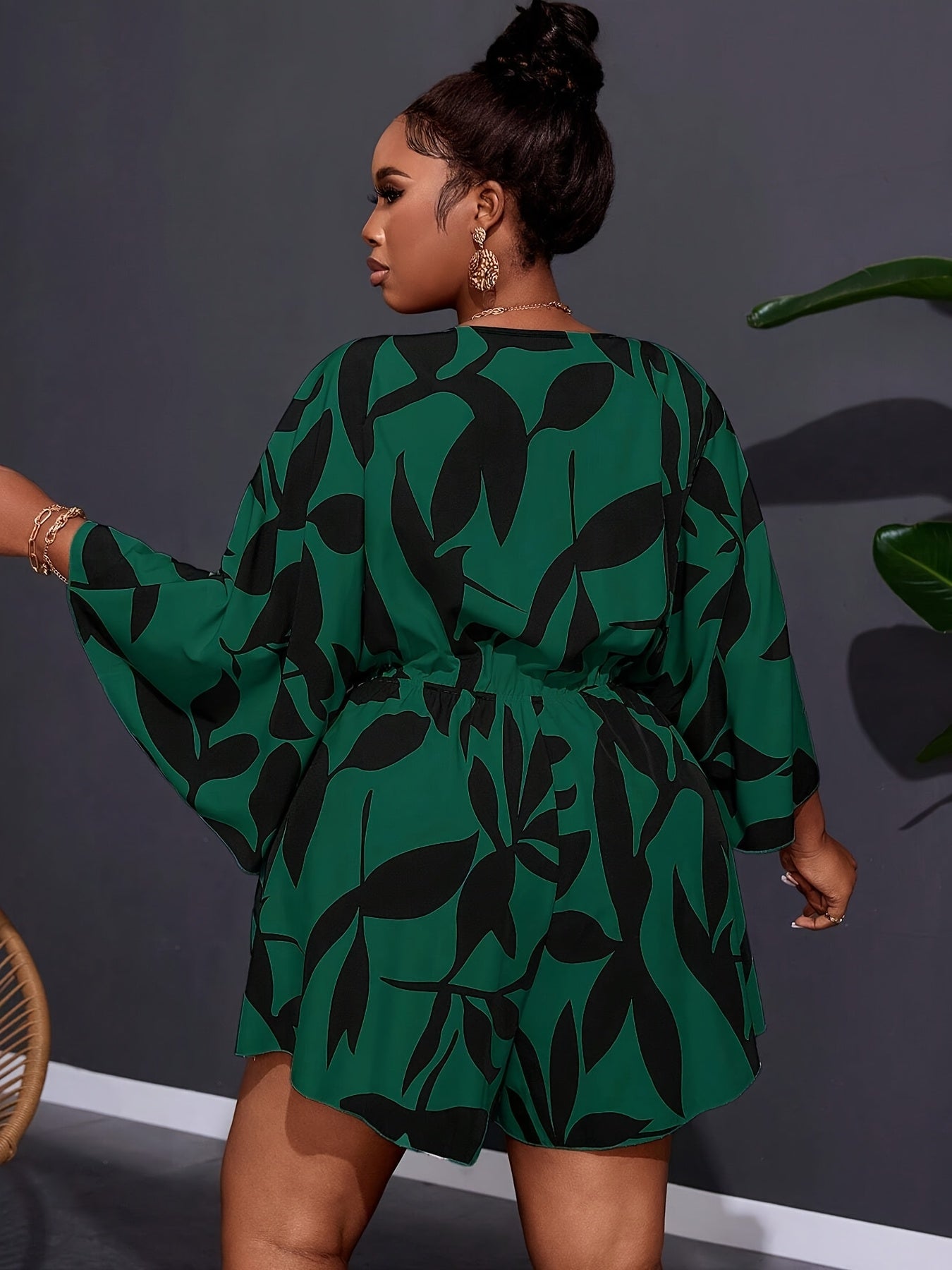 Women’s Plus Size Tropical Print V-Neck Romper Casual Summer Jumpsuit