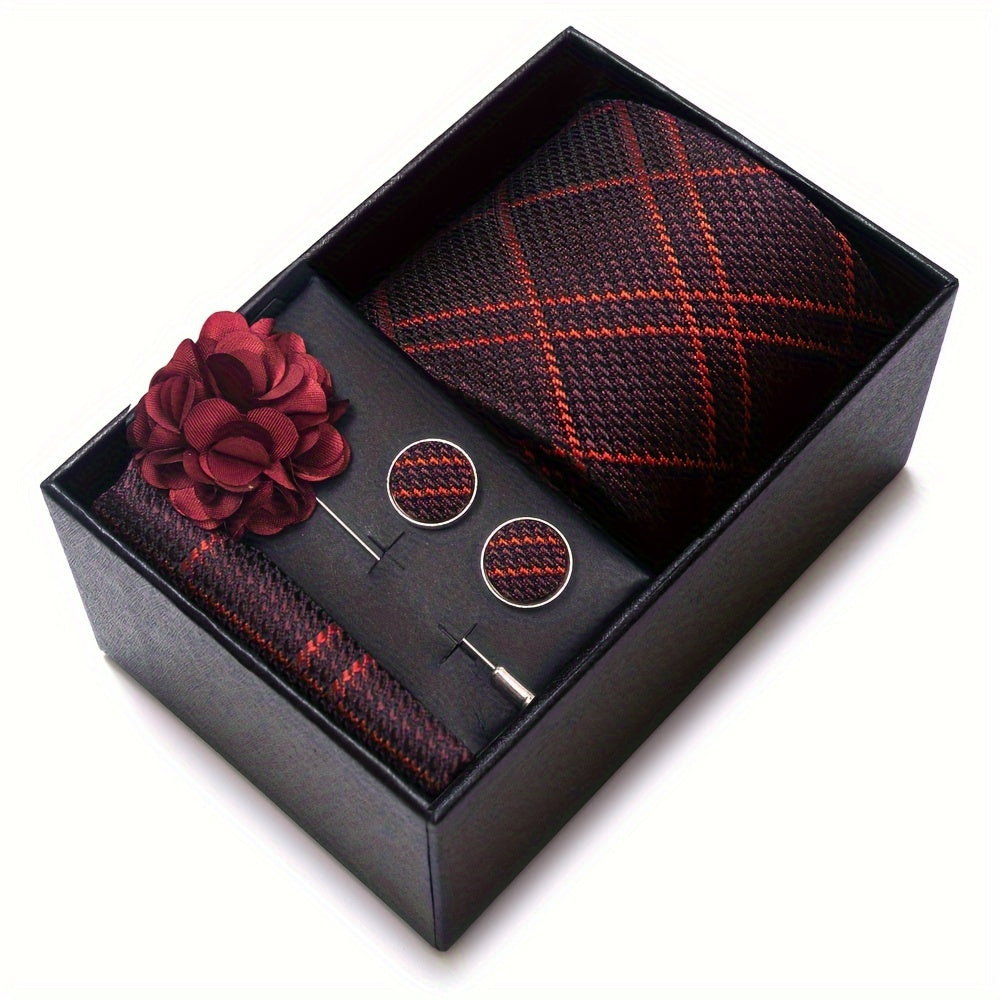 Set of 5 Men's Accessories Dark Blue Striped Necktie Hanky Cufflinks Brooch for Wedding or Business