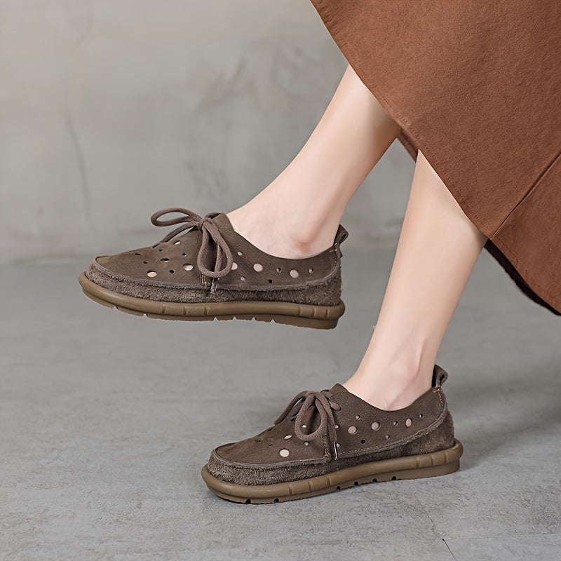Women's Leather Loafers with Perforated Design and Rubber Sole Brown Summer Casual Shoes