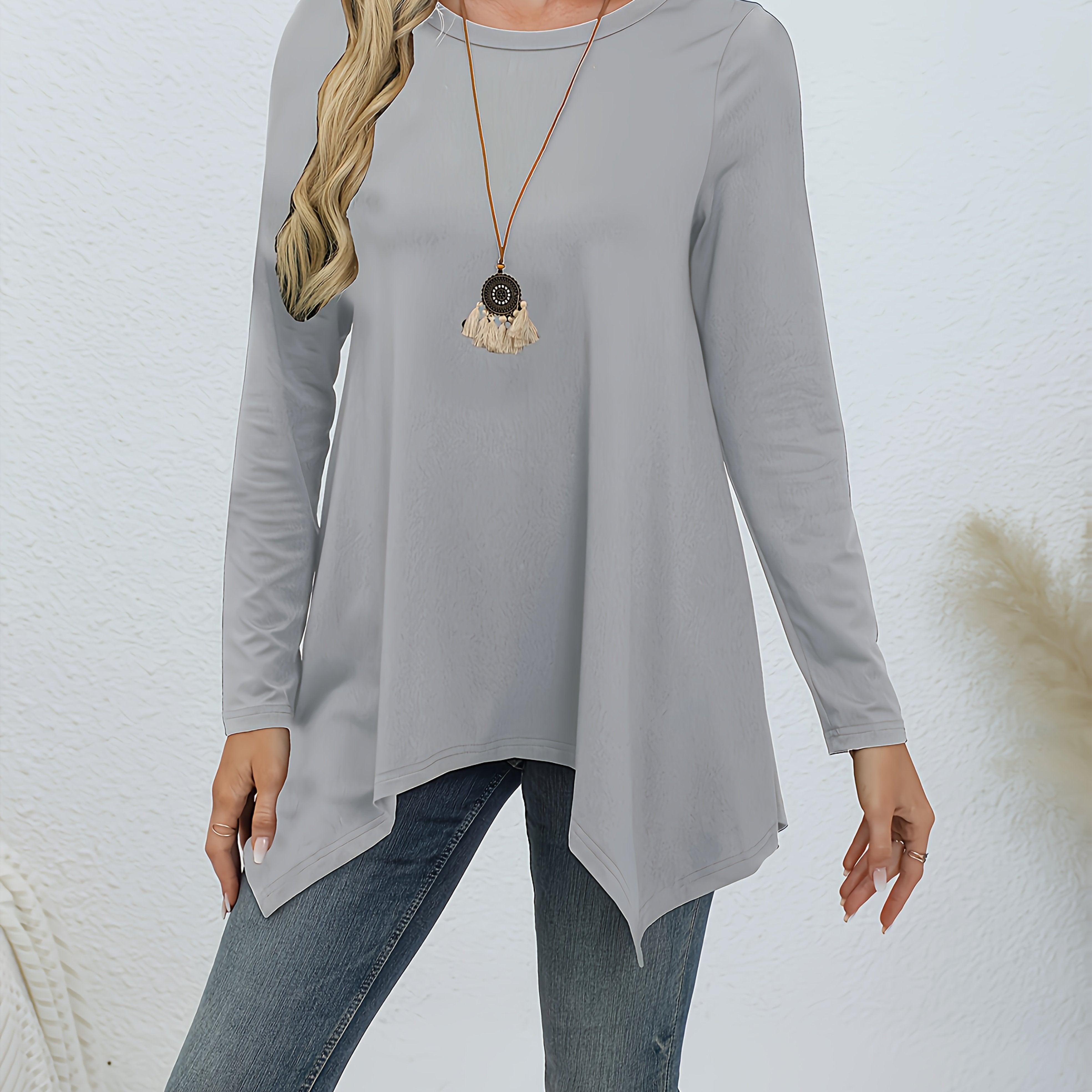 Women's Polyester Lounge Top Long Sleeve Round Neck Asymmetric Hem Casual