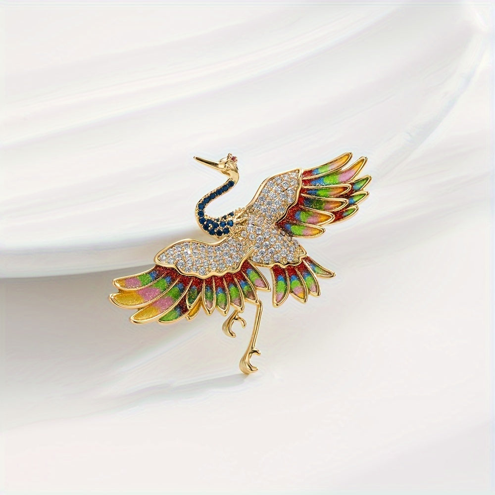 Enamel Crane Brooch Pin Animal Theme Jewelry for Cheongsam Suit Jackets Rhinestone Gold Tone