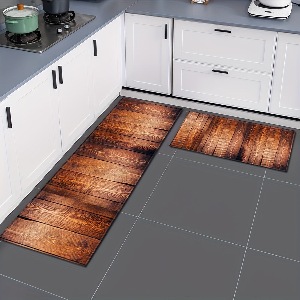 Vintage Wooden Plank Doormat Non-Slip Absorbent Polyester Kitchen Bathroom Mat