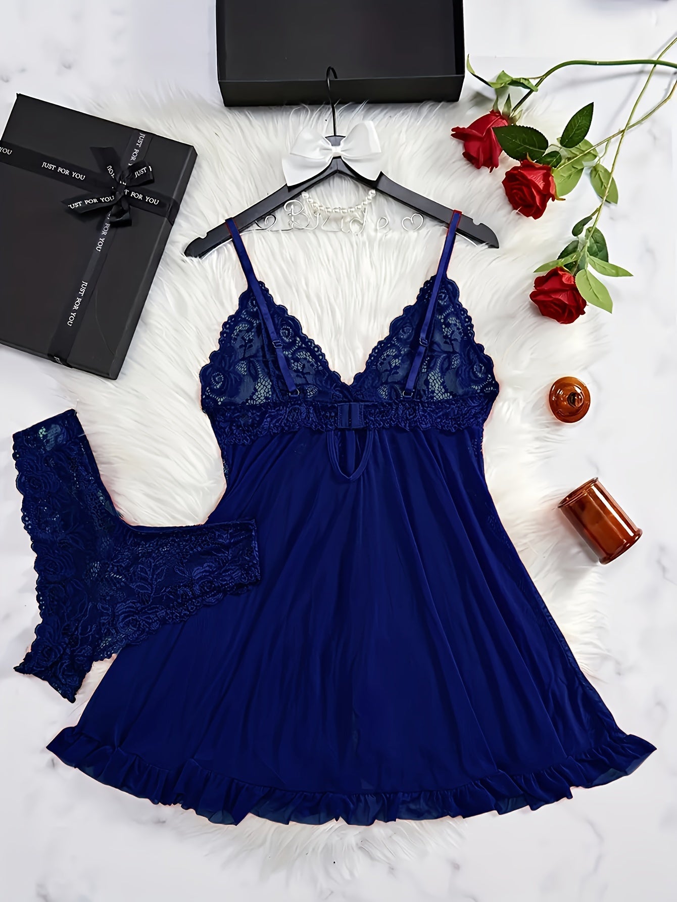 Lingerie Set with Flower Lace Detail Deep V Bow Pleated Edge Short Skirt and Panties