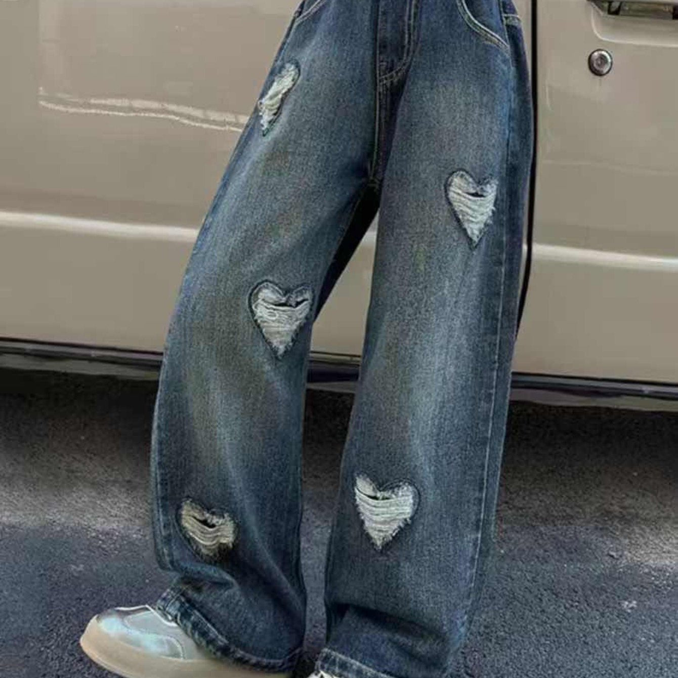 Girls Heart Patch Baggy Jeans Casual Streetwear All-Season