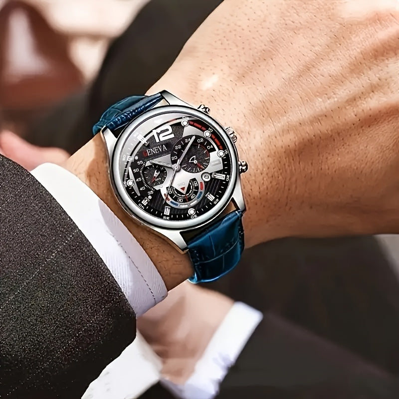 Men's Quartz Business Watch Set Alloy Case Faux Leather Strap Non-Rechargeable Battery