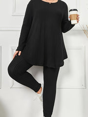 Women's Solid Color Textured Stripe Lounge Wear Set Large Size