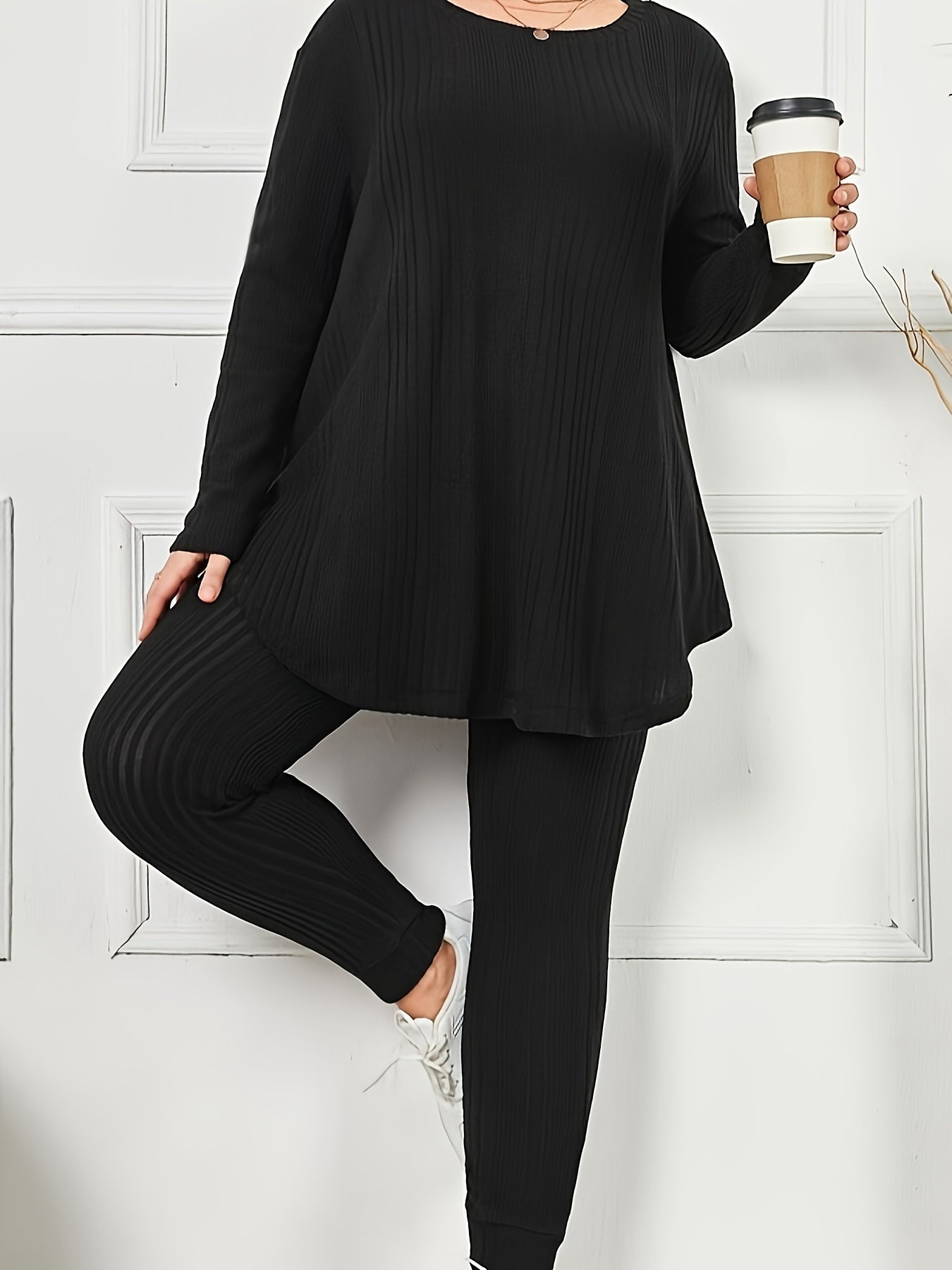 Women's Solid Color Textured Stripe Lounge Wear Set Large Size