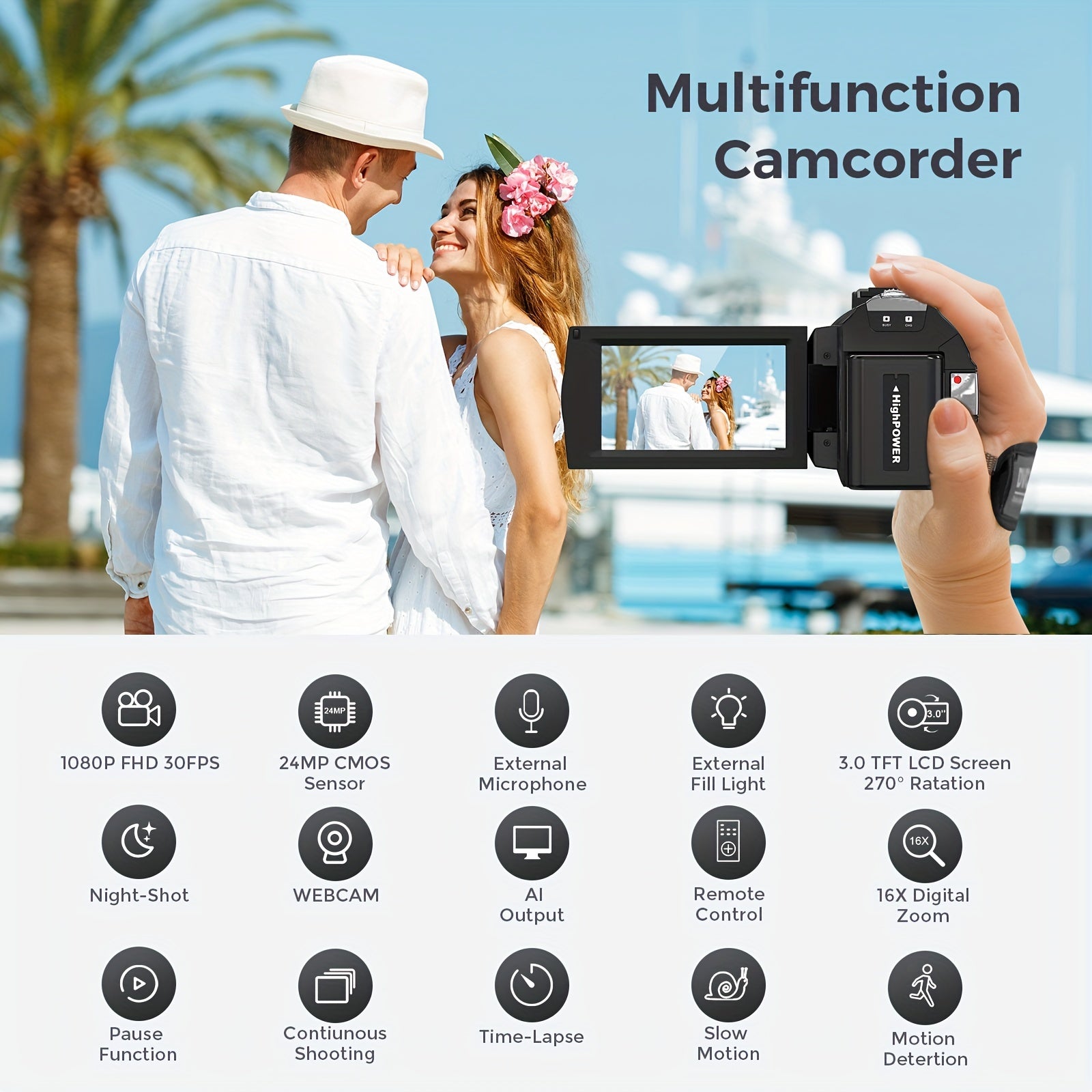 Digital Video Camera Camcorder with 270° Rotating Screen 16X Digital Zoom 1080i HD Video