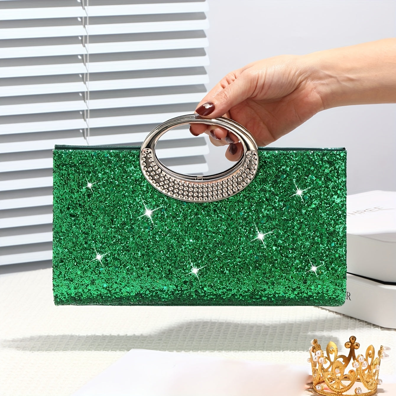Sequin Evening Handbag Clutch with Golden Accents for Weddings Parties Dances