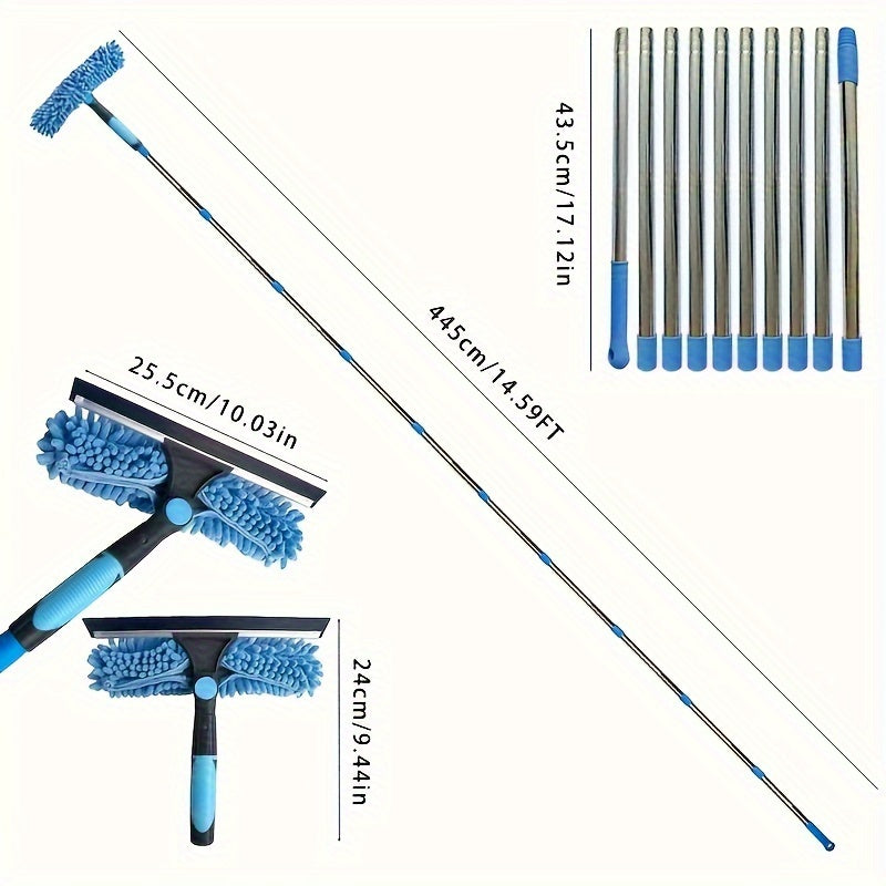 2in1 Window Cleaning Brush and Scraper Set with Telescopic Pole and Hard Bristle Brush