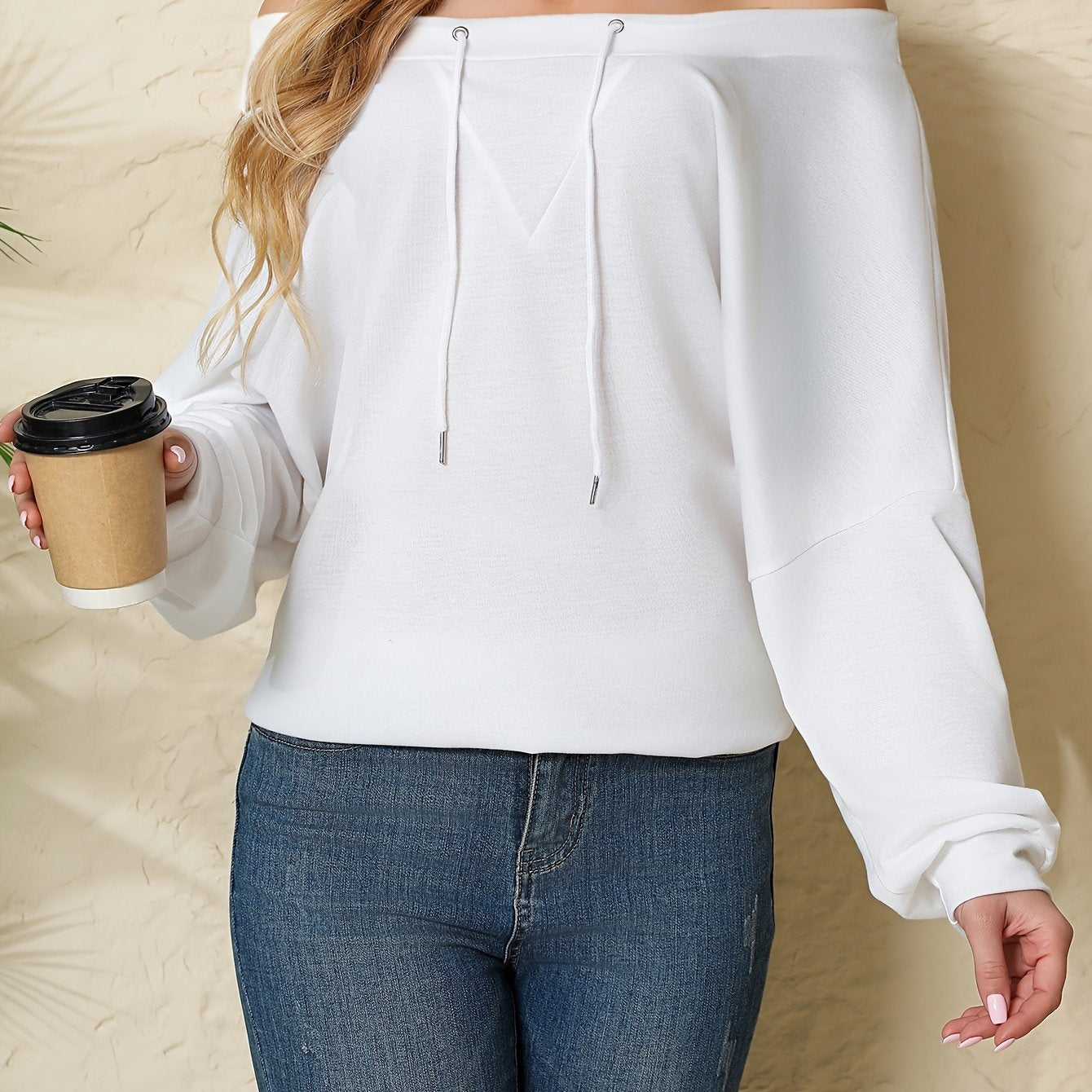 Women’s Polyester Knit Off-Shoulder Pullover Sweatshirt with Drawstring