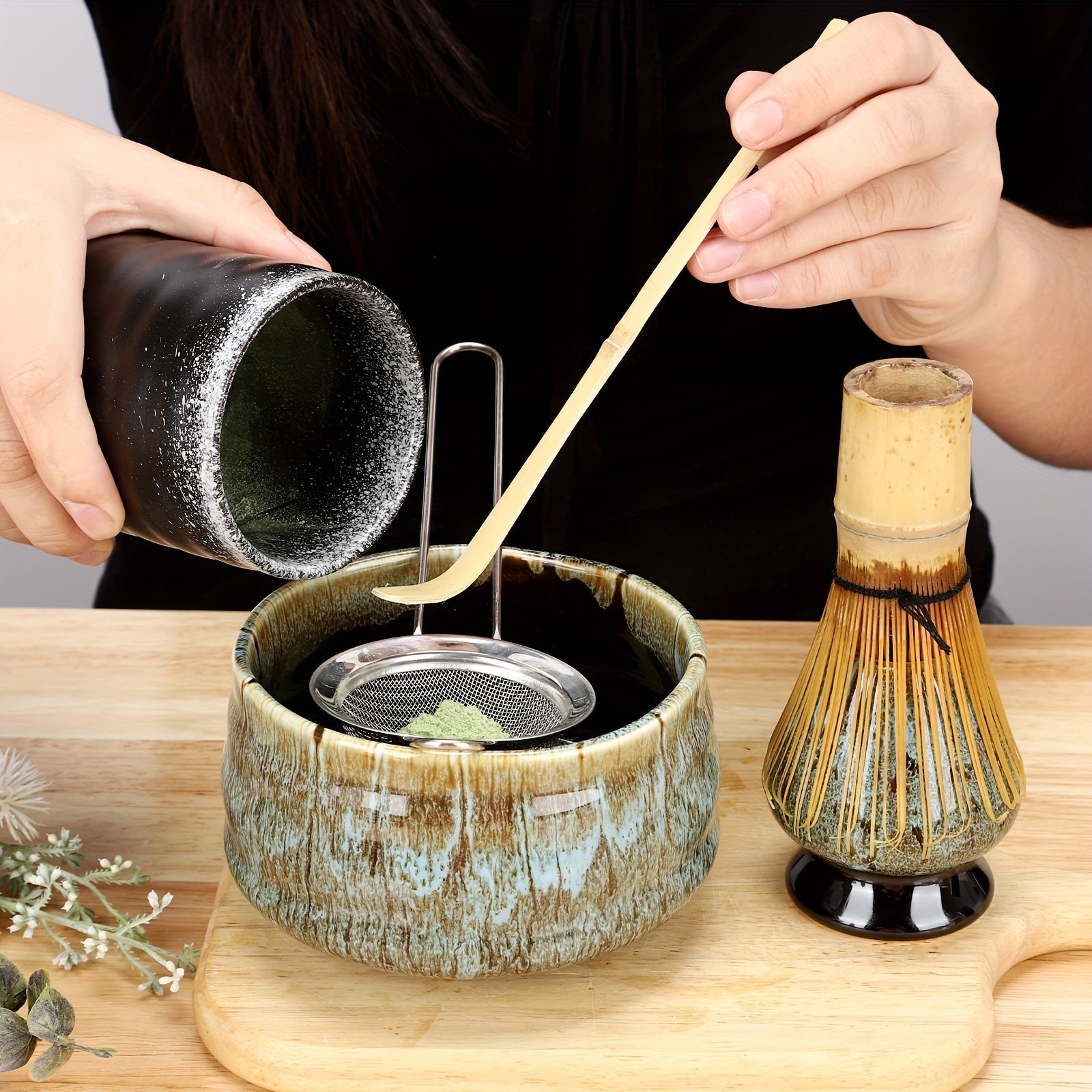 Set de ceremonia de té Matcha con tazas de cerámica azul y accesorios para regalo