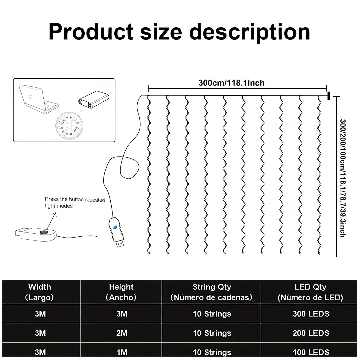 Luces de cadena LED 300/200/100 LEDs USB Cable de cobre para habitación, ventana, Halloween, Navidad, boda