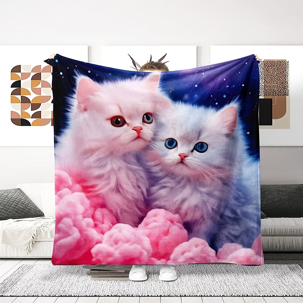 Geometric Patterned Flannel Throw Blanket with Cat Design Machine Washable Stain-Resistant All-Season Soft