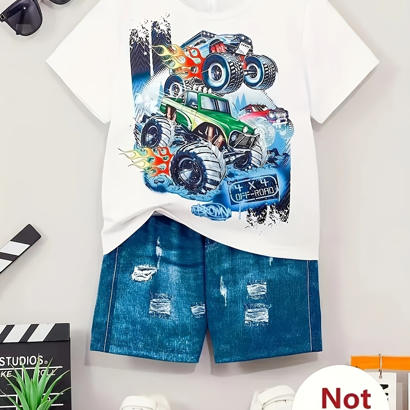 Boys' Summer Car Pattern Short Sleeve T-Shirt and Imitation Denim Shorts Set Kids' Casual Clothing