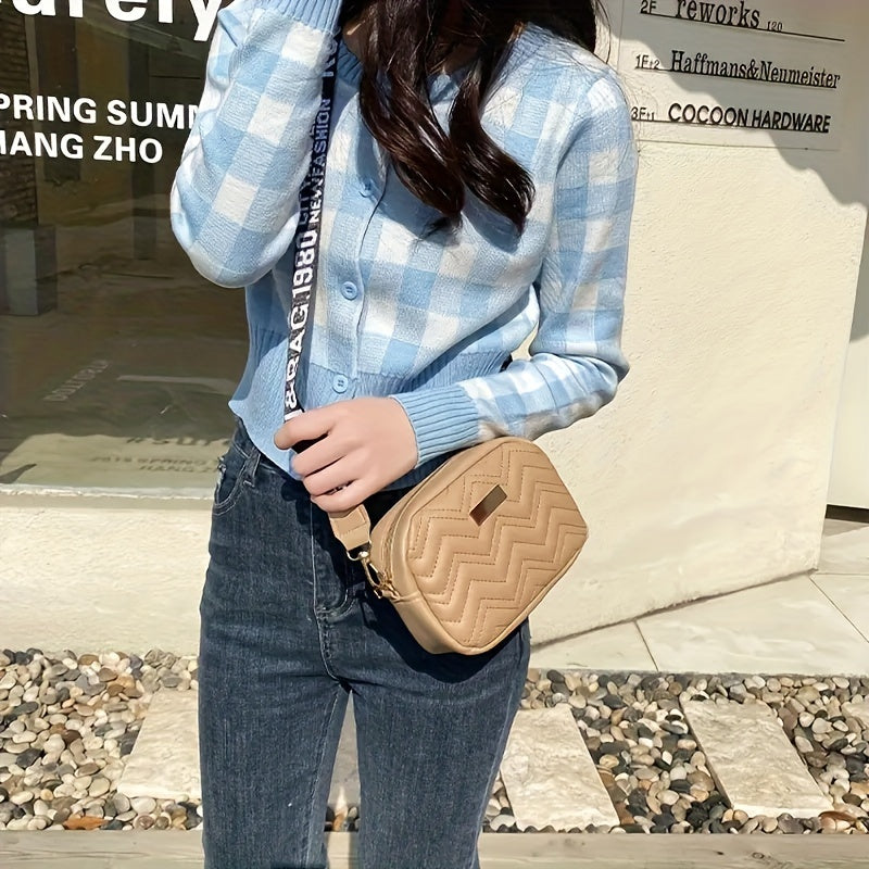 Women's Crossbody Bag Faux Leather Stain-Resistant Zippered Camera Style in Black White Khaki