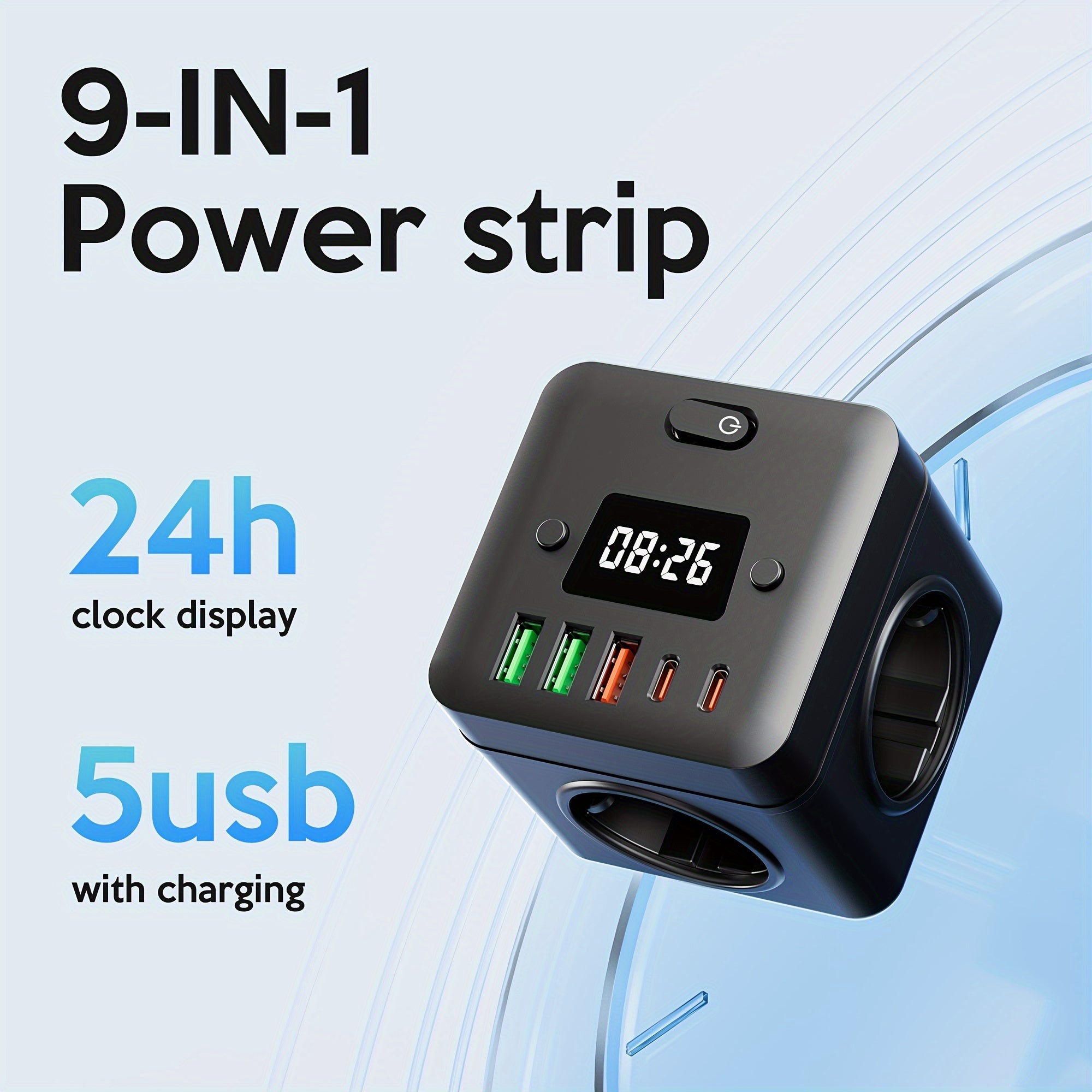 9-in-1 Power Strip with Clock 3 EU Outlets 3 USB-A Ports 2 USB-C Ports Overload Protection Wall Mountable