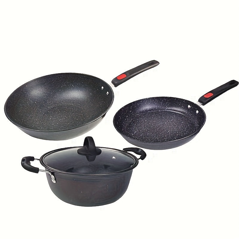 Set of 3 Cast Iron Cookware with Non-Stick Maifan Stone Coating Frying Pan Skillet Stock Pot