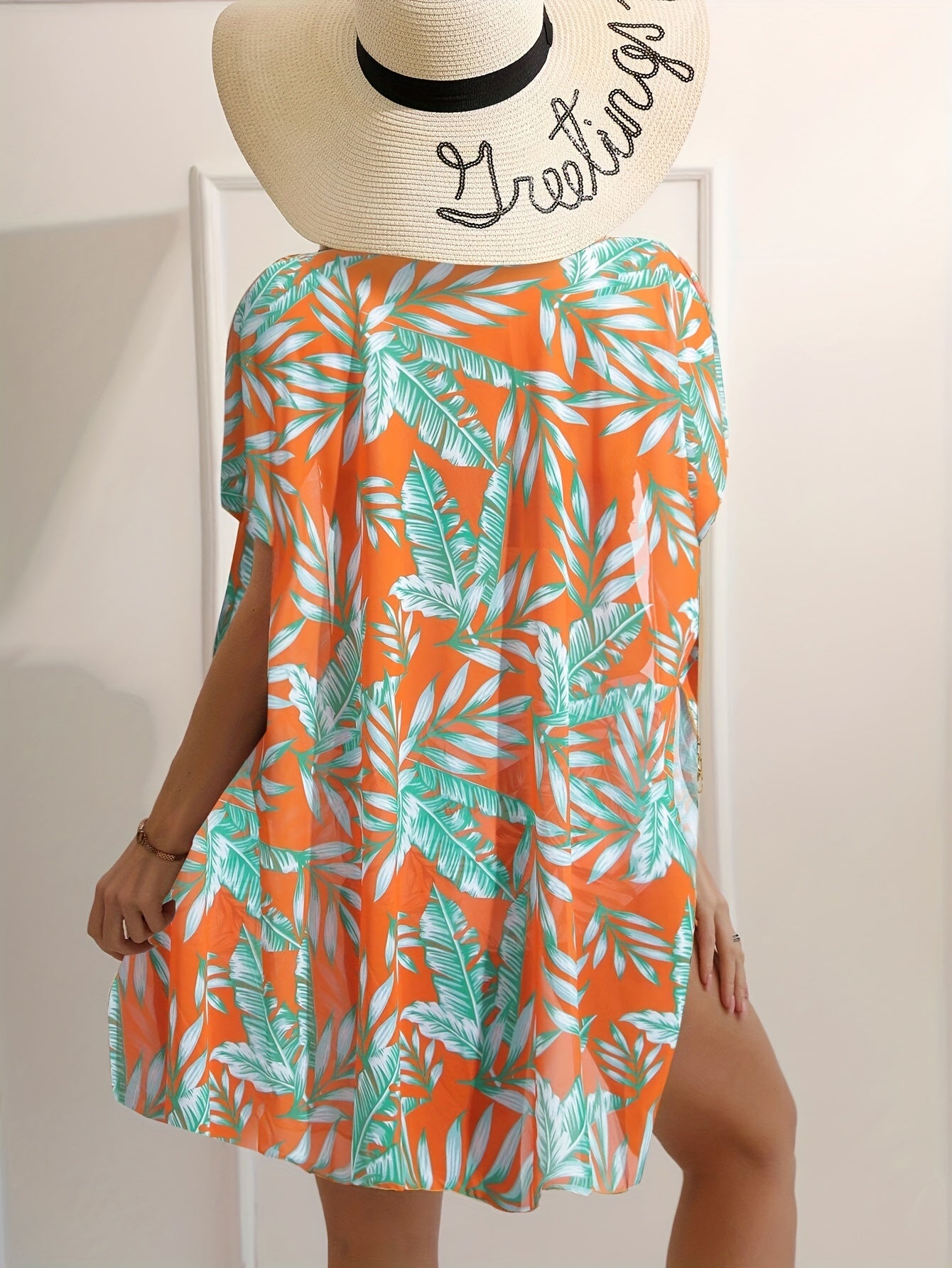 Tropical Print High Waist Bikini Set with Spaghetti Straps and Cover Up Shirt