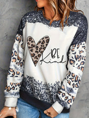 Plus Size Women's Cotton Leopard Heart Slogan Crew Neck Sweatshirt
