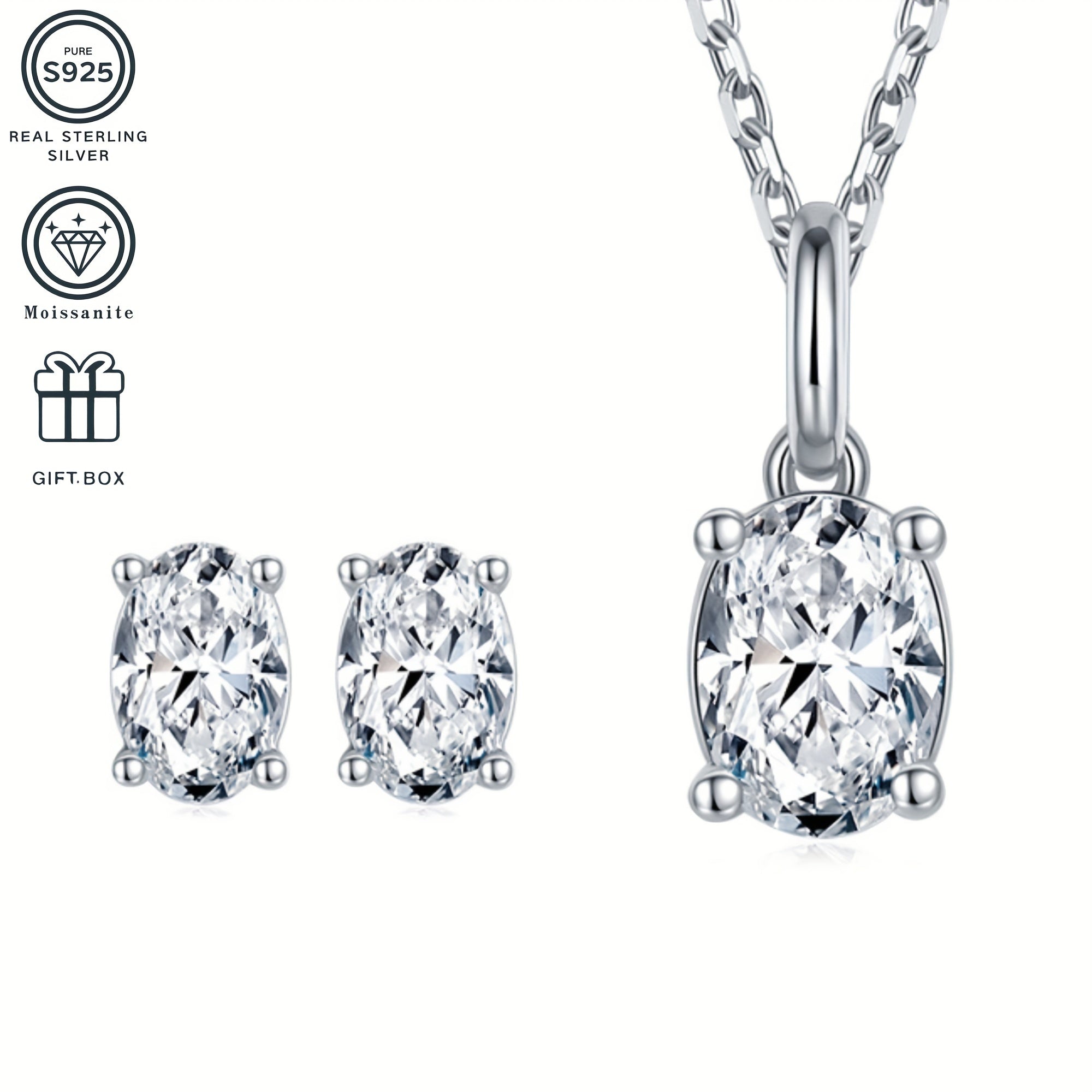 Set of 3 Sterling Silver Moissanite Jewelry Pieces with 2CT+1CT Stones for Weddings and Gifts