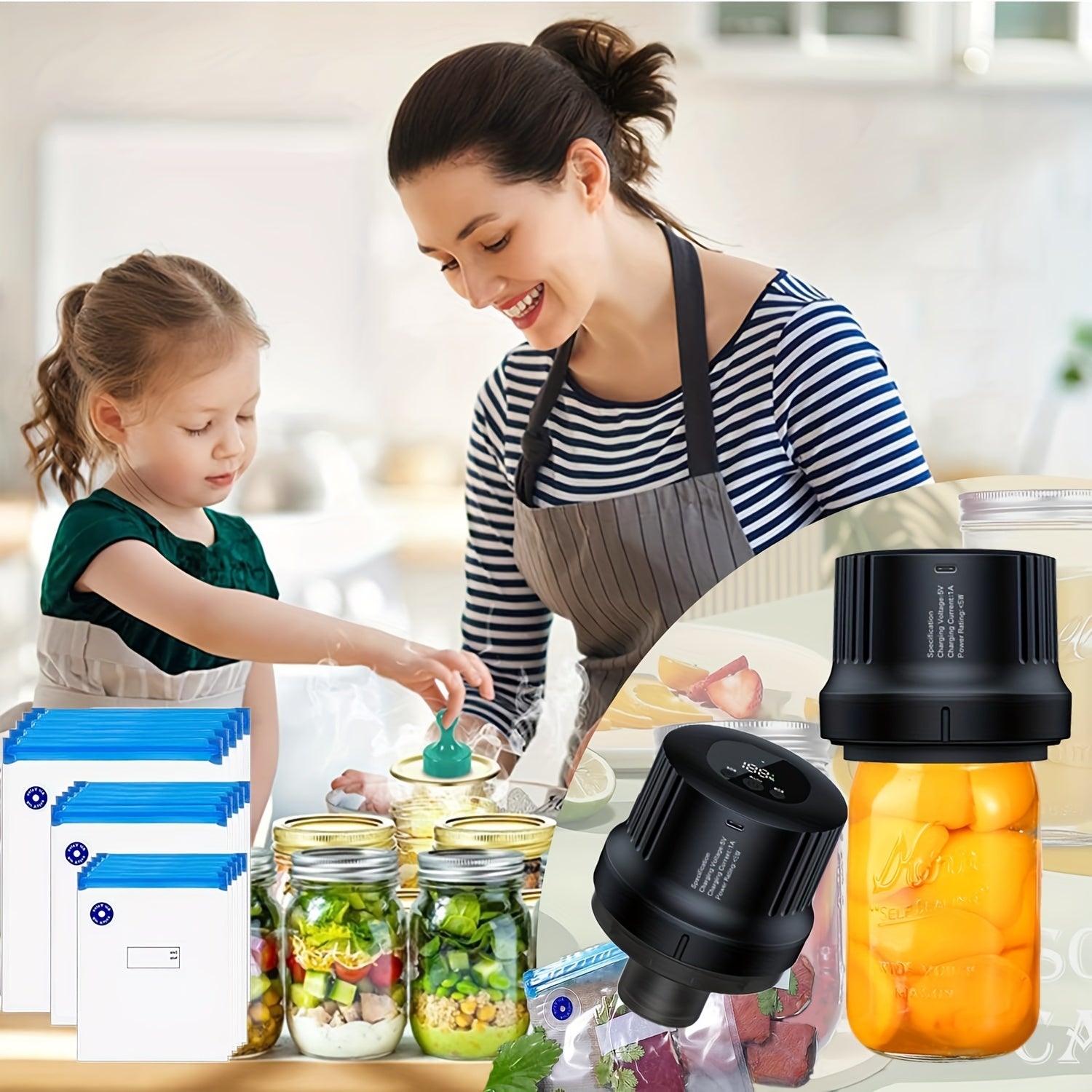 3-in-1 Mason Jar Vacuum Sealer Kit Portativ Elektrik Qopqoq Yopish Mashinasi uchun Bankalar USB Qayta Zaryadlash mumkin