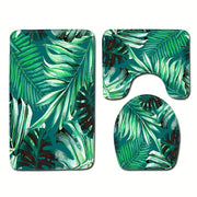 Set of 3 Green Leaf Pattern Bathroom Mats Water Absorbent Non-slip Machine Washable