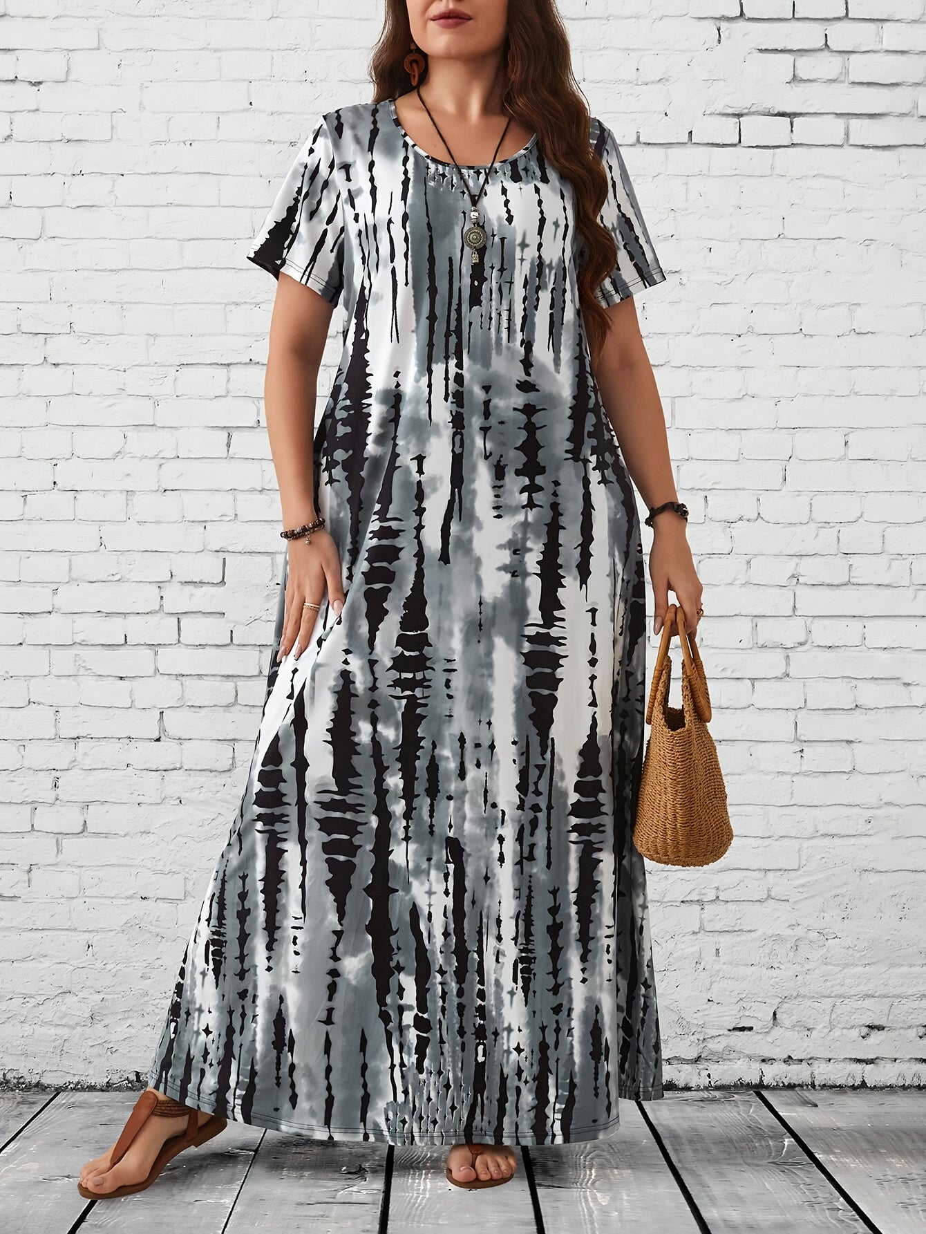 Katta o'lchamdagi tie dye ankle dress, crew neck qisqa yeng, ayollar kiyimlari