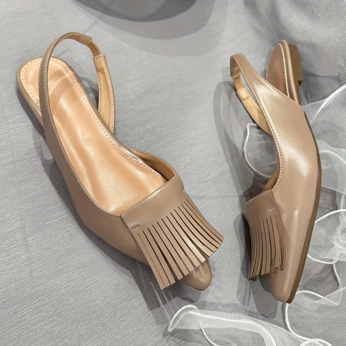 Women's Apricot Wide Fit Flat Sandals with Tassels, Comfortable Casual Shoes