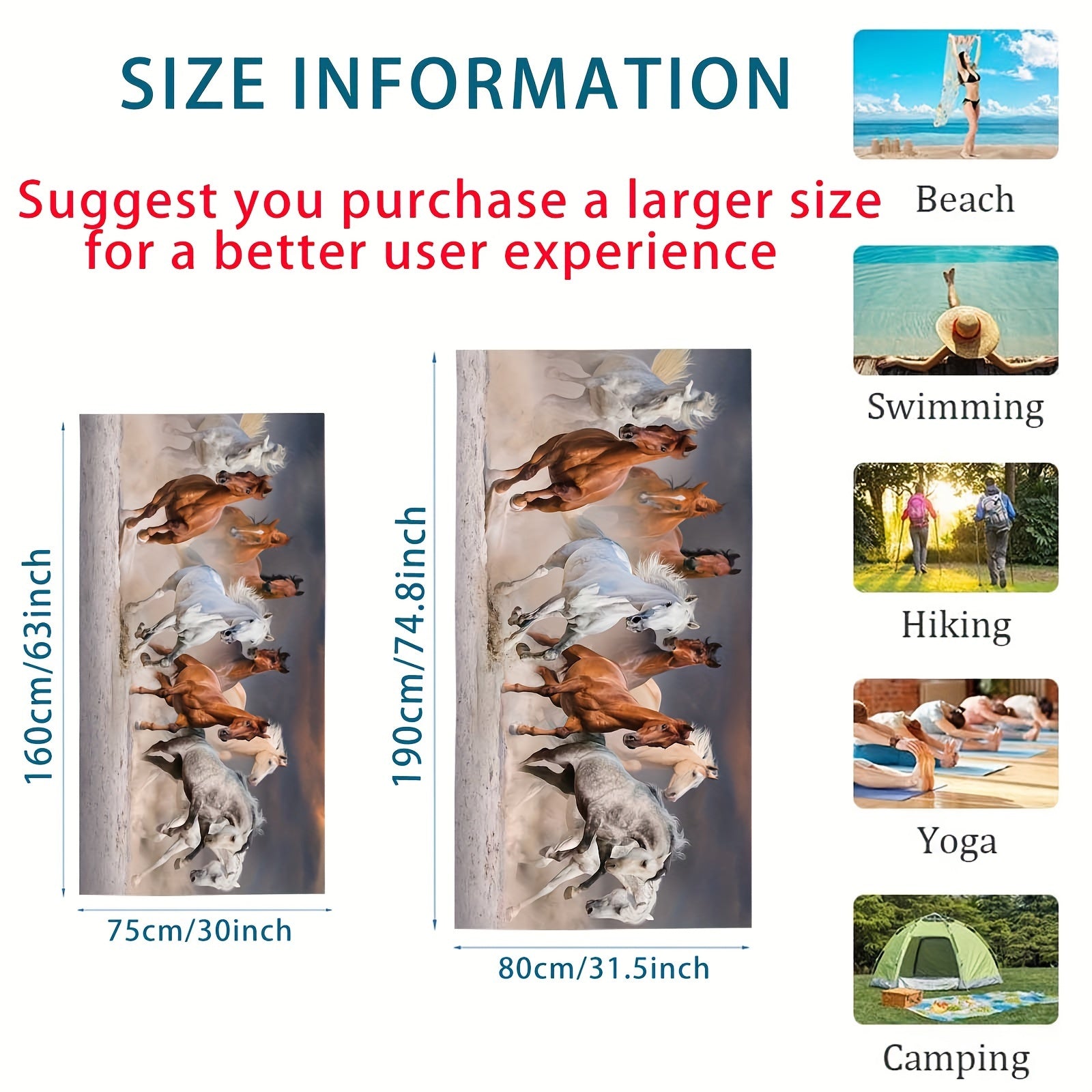 Yumshoq va engil plyaj sochiq, otning yugurish dizayni bilan, hayvon mavzusidagi ta'tillar va tashqi faoliyatlar uchun ideal. Sport, suzish, yelka, fitnes va yoga uchun mos. Oila, do'stlar yoki sevganlarga ajoyib sovg'a, ayniqsa Rojdestvo uchun.